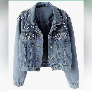 Women's Blue Denim Jacket with Pearl Accents
